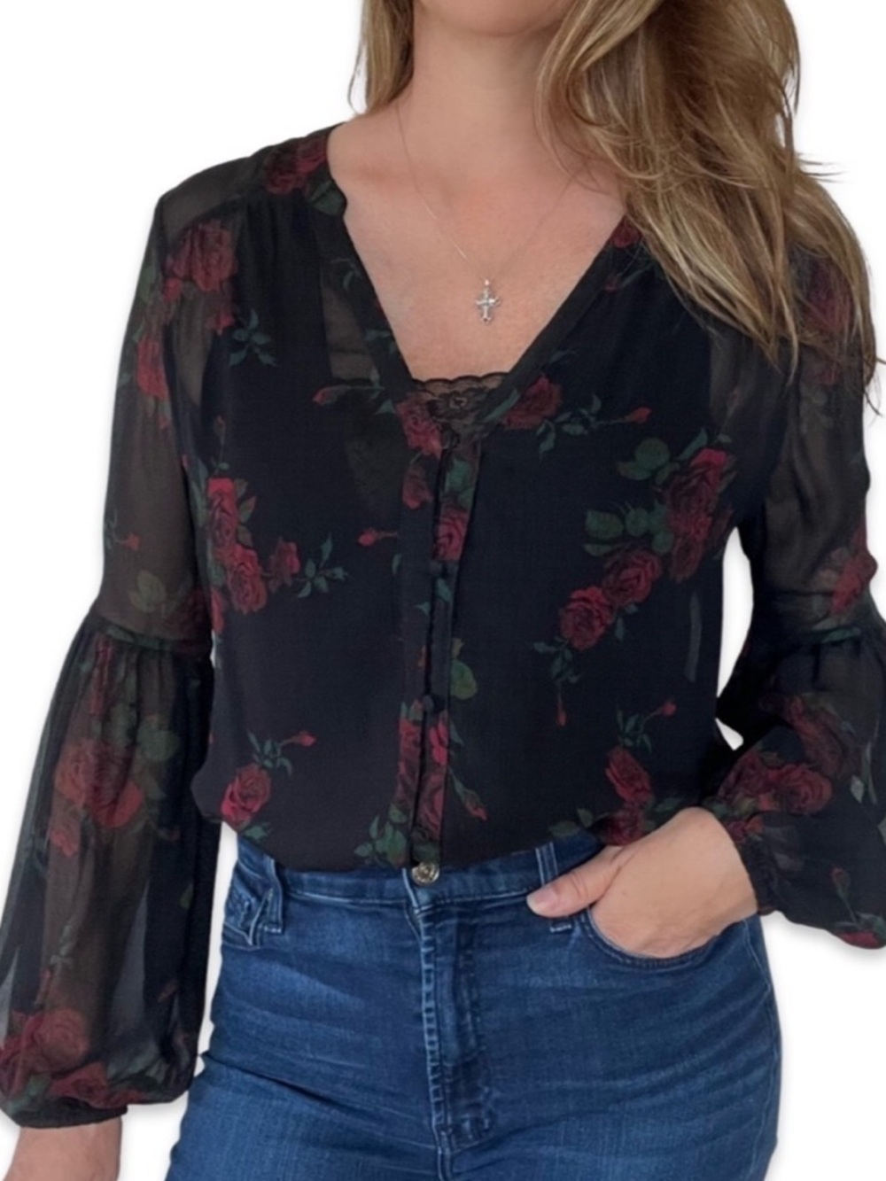 Paige 100% Silk Sheer Black Rose Flower Pattern Button Down Shirt Blouse XS
